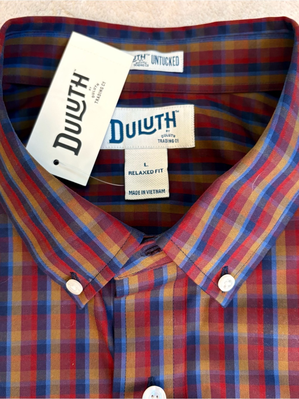 Duluth Trading Untucked Plaid Relaxed Fit Button-Down Shirt in Red, Blue, Olive